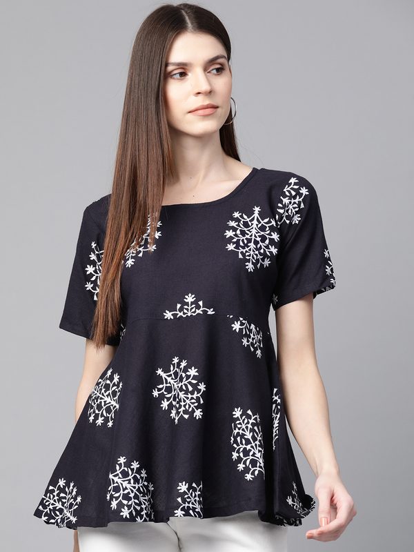 Wabii Women Navy Blue & Off-White Printed A-Line Top