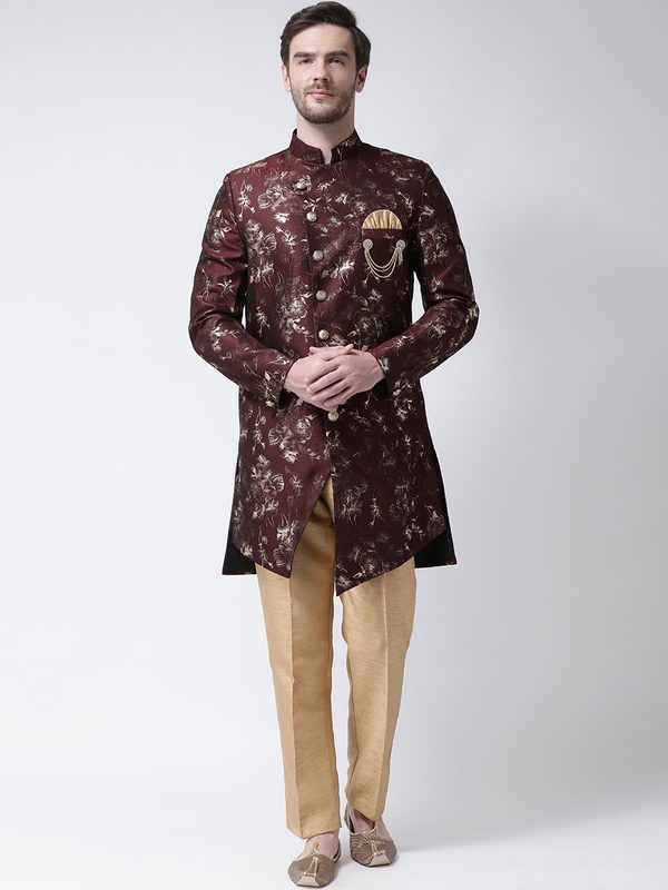 SG RAJASAHAB Men Maroon & Brown Sherwani Set