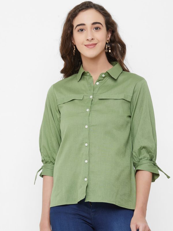 109F Women Olive Green Regular Fit Solid Casual Shirt