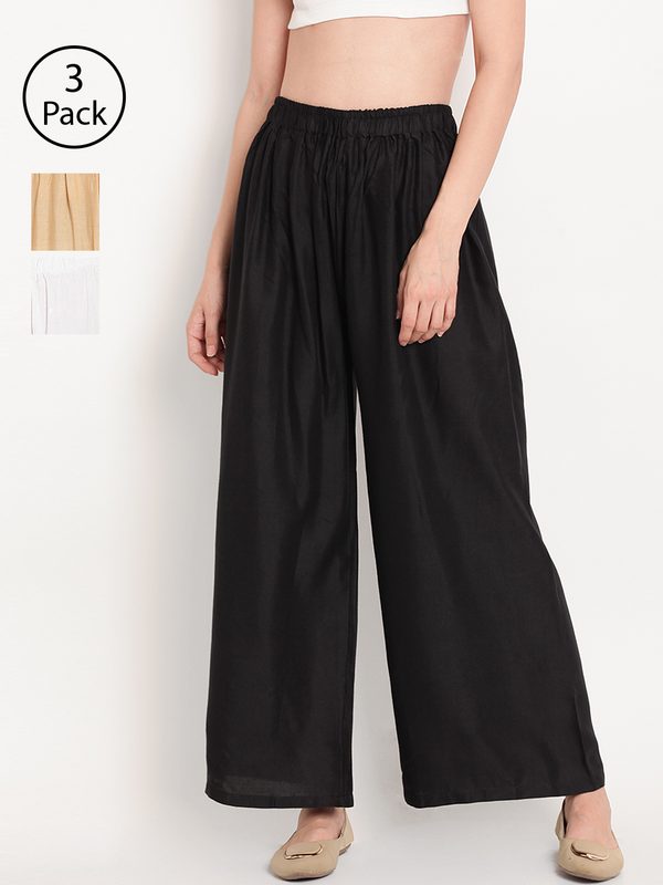 TAG 7 Women Pack of 3 Solid Wide Leg Palazzos