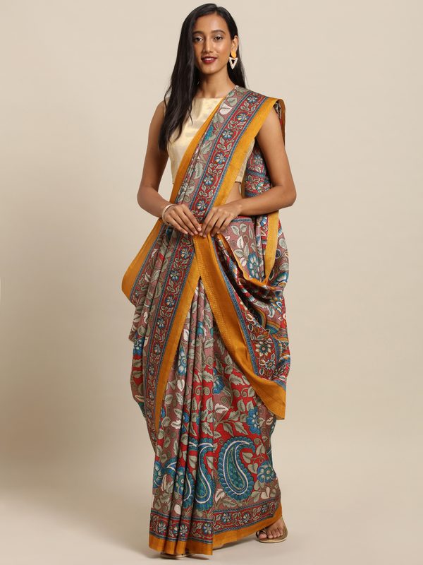 VASTRANAND Pink & Mustard Yellow Linen Blend Printed Chanderi Saree