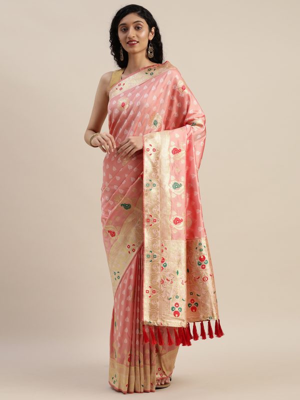 VASTRANAND Peach-Coloured & Golden Silk Blend Woven Design Kanjeevaram Saree