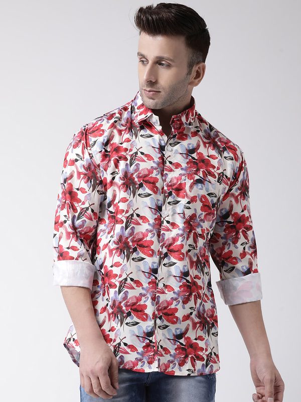 Hangup Men White & Red Slim Fit Printed Casual Shirt