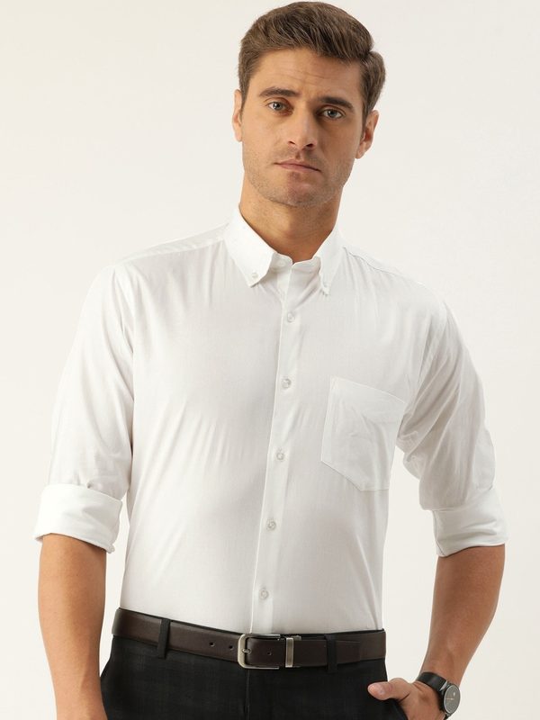 Hancock Men White Slim Fit Solid Casual Shirt