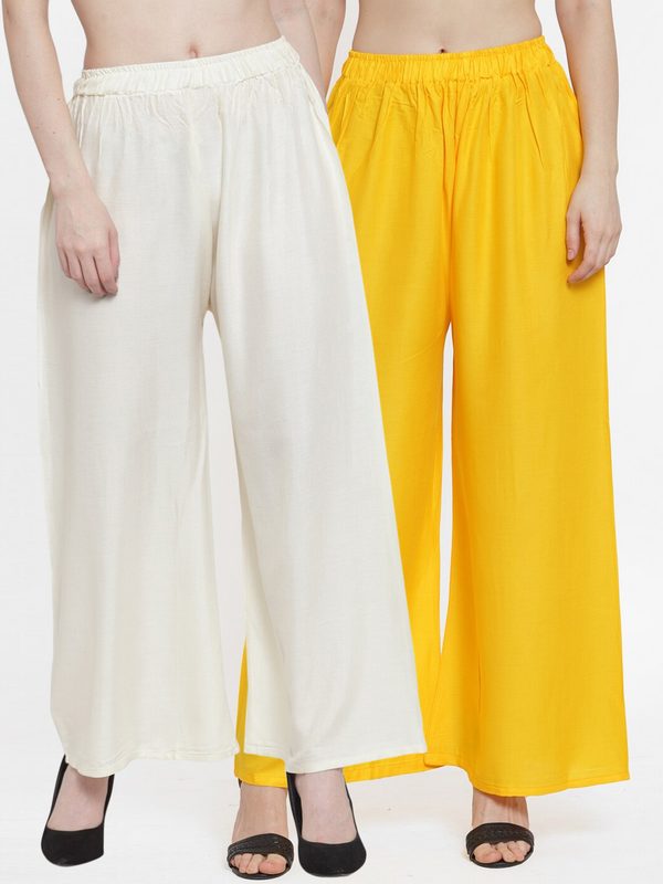 TAG 7 Women Pack Of 2 Yellow & Off-White Solid Flared Palazzos