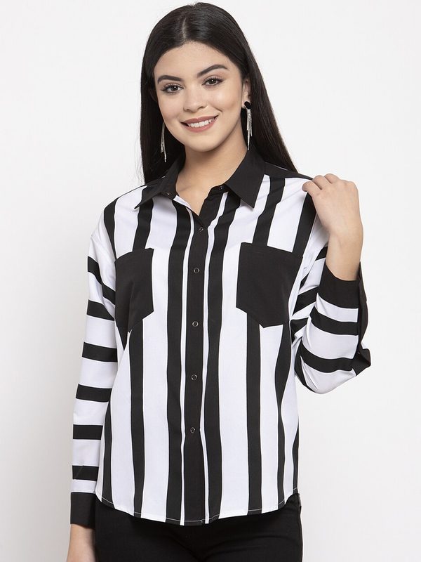 KASSUALLY Women Black & White Regular Fit Striped Casual Shirt