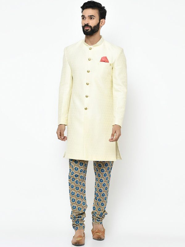 KISAH Men Cream-Coloured & Green Sherwani Set