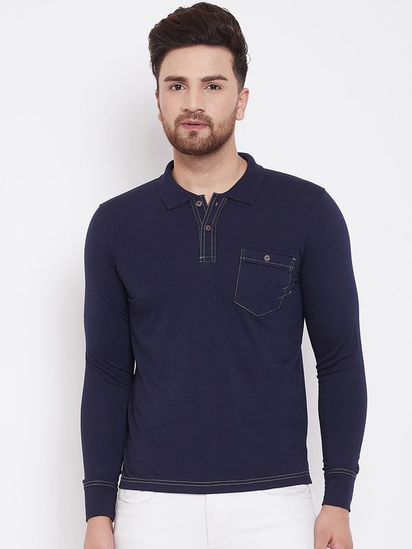 Adobe Men Navy Blue Solid Polo Collar T-shirt