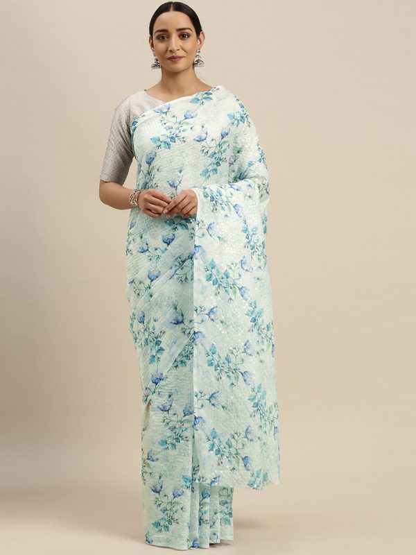VASTRANAND White & Blue Pure Silk Floral Printed Sequinned Saree