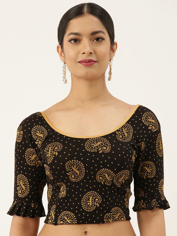 VASTRANAND Women Black & Gold-Coloured Foil Printed Stretchable Blouse