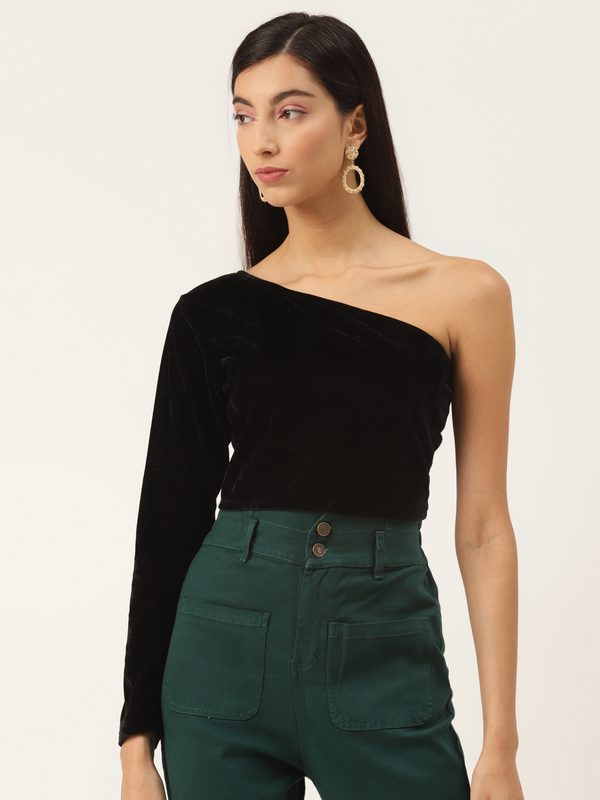 Trend Arrest Black One Shoulder Velvet Fitted Crop Top
