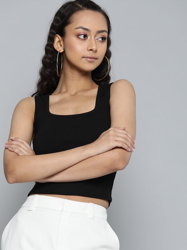 VividArtsy Women Black Ribbed Fitted Crop Top