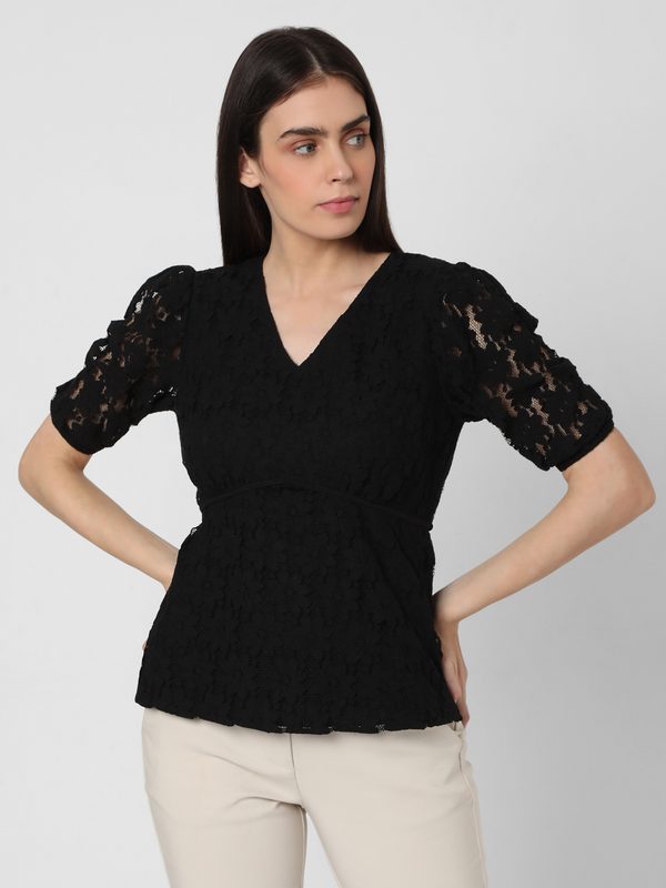 Vero Moda Black Self Design Puff Sleeve Regular Top