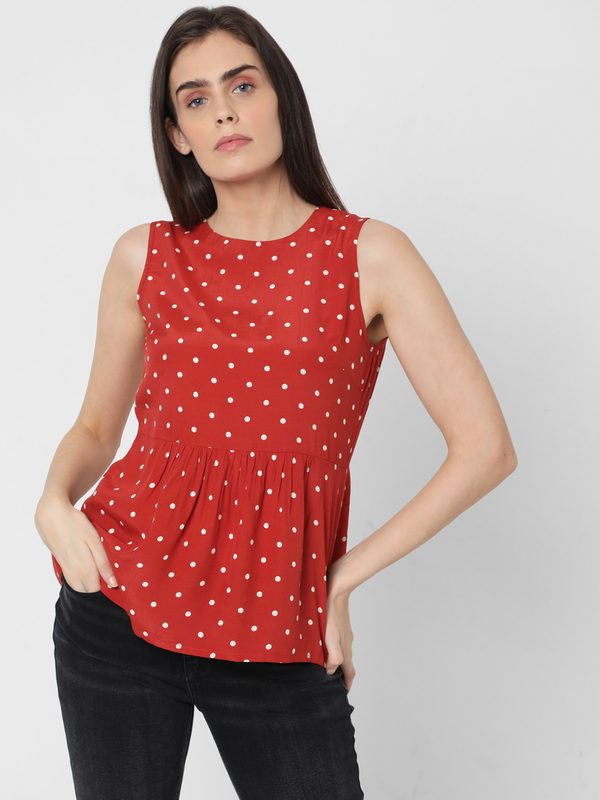 Vero Moda Red & White Polka Dot Printed A-Line Top