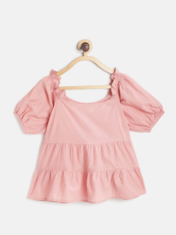 UTH by Roadster Girls Peach-Coloured Solid Cotton Tiered A-Line Top