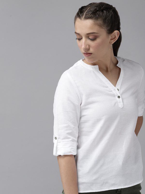 UTH by Roadster Girls White Semi-Sheer Top with Roll-Up Sleeves