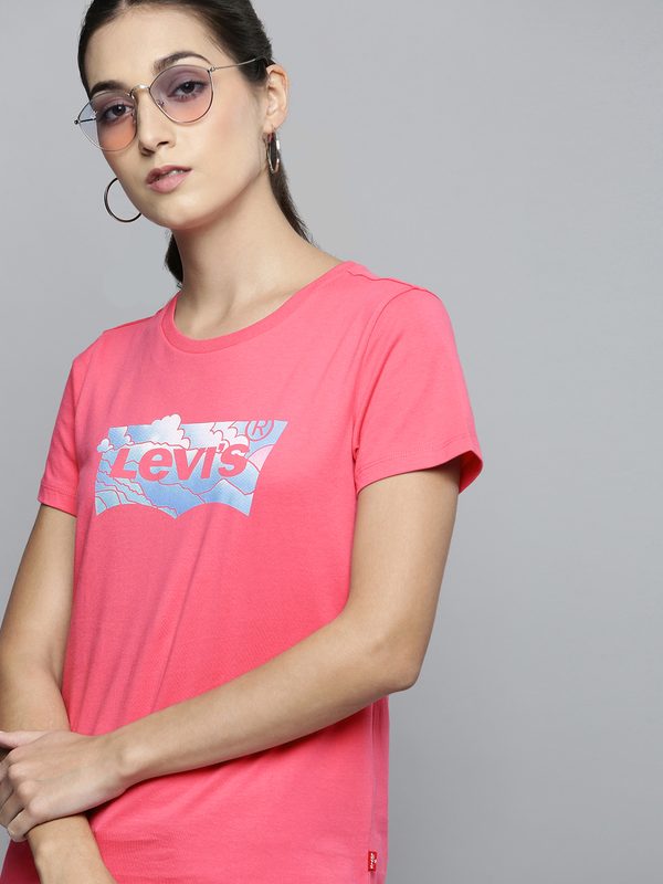 Levis Women Pink Brand Logo Printed Pure Cotton T-shirt
