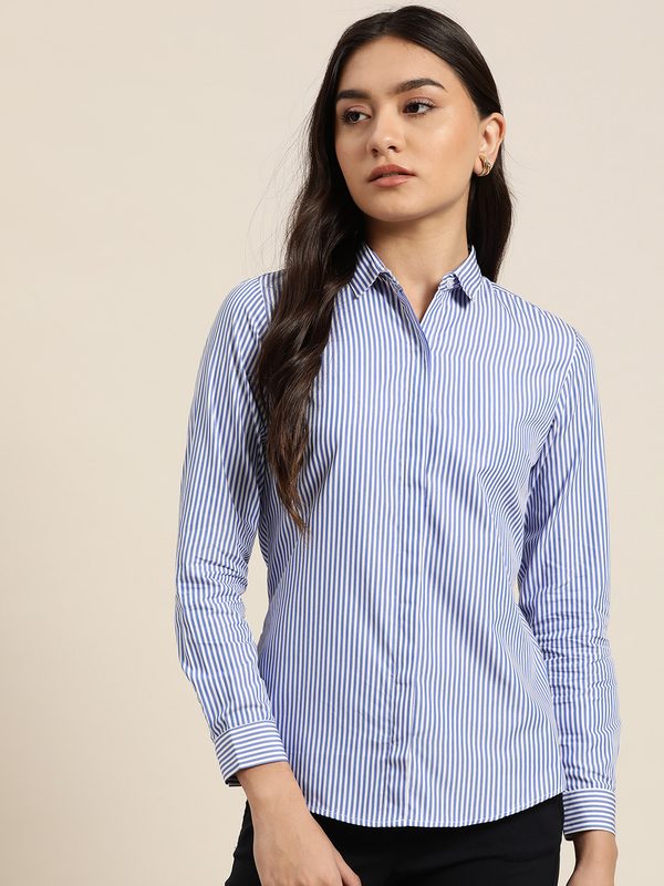 Hancock Women White & Blue Slim Fit Opaque Striped Cotton Formal Shirt
