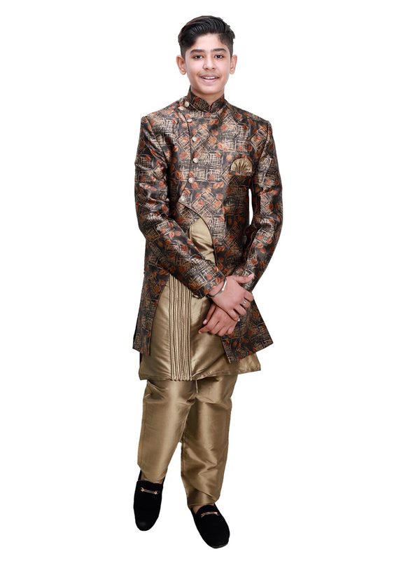 FOURFOLDS Boys Brown & Beige 3 Piece Jodhpuri Sherwani Set