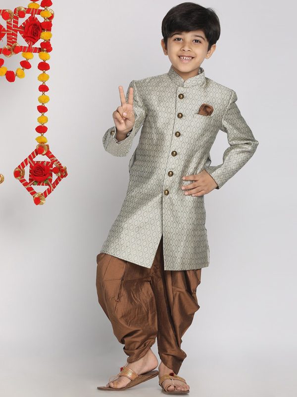 VASTRAMAY Vastramay Boys' Grey And Coffee Brown Brown Indowestern Sherwani and Cowl Dhoti Pant Set