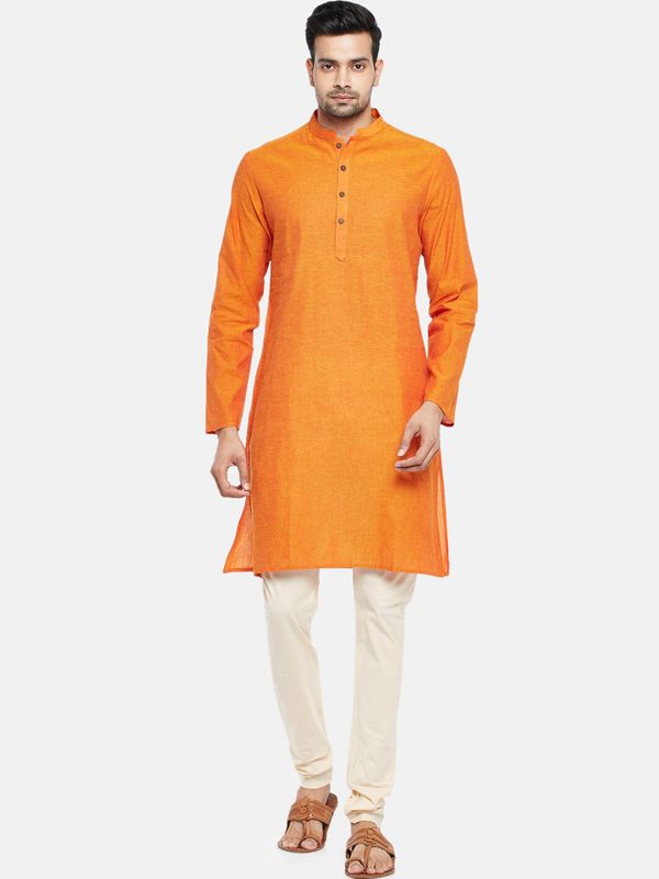 indus route by Pantaloons Men Orange Solid Mandarin Collar Straight Kurta