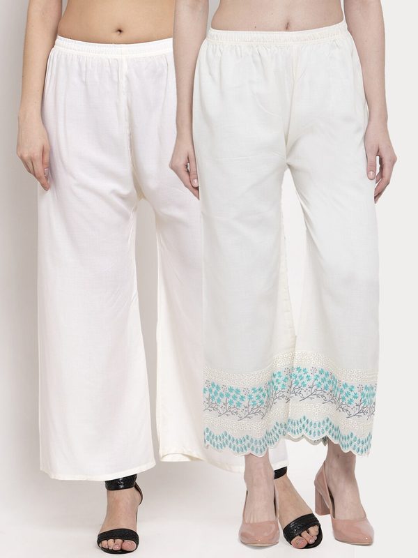 Miaz Lifestyle Women Set of 2 White & Blue Floral Embroidered Ethnic Palazzos