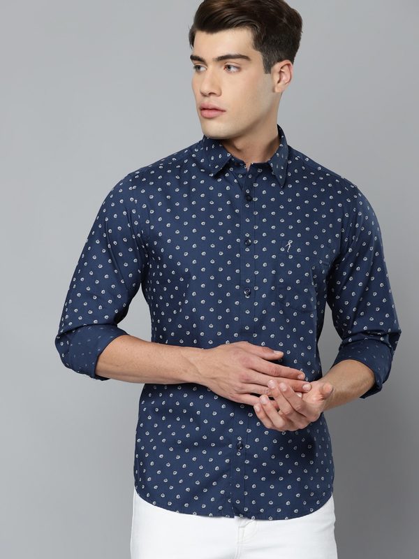 Indian Terrain Men Navy Blue & Grey Pure Cotton Slim Fit Leaf Print Casual Shirt