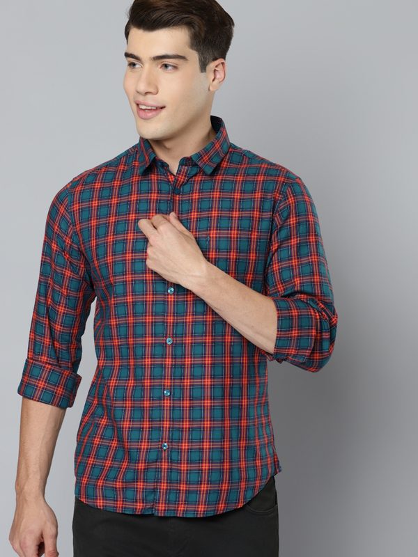 Indian Terrain Men Teal Blue & Orange Pure Cotton Slim Fit Tartan Checks Casual Shirt