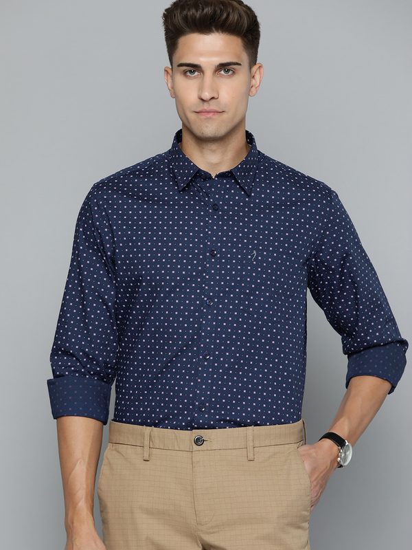 Indian Terrain Men Navy Blue & Pink Pure Cotton Slim Fit Printed Casual Shirt