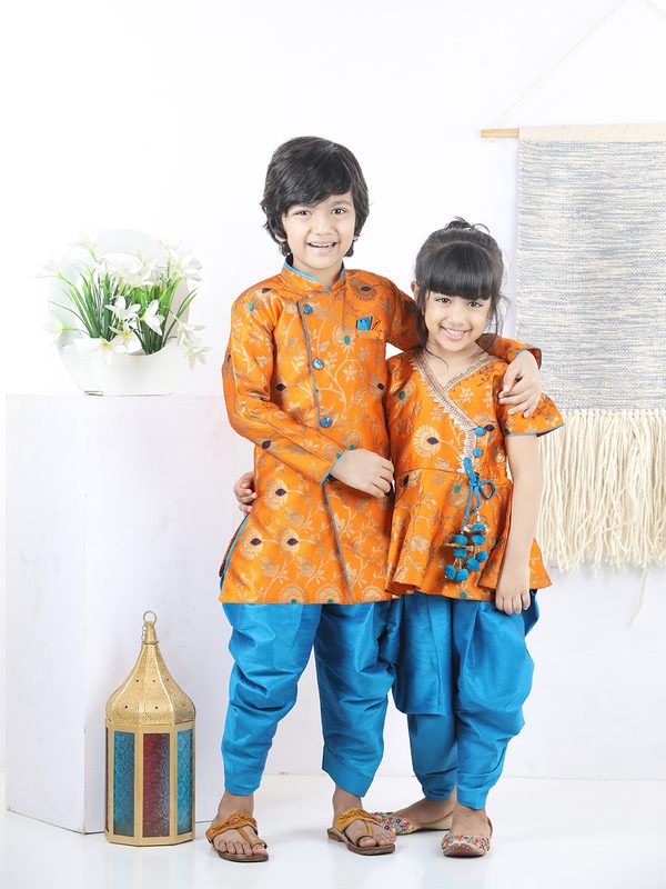 BownBee Orange & Blue Printed Silk Blend Sherwani With Dhoti