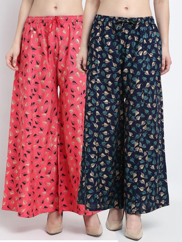 GRACIT Women Pink & Navy Blue 2 Floral Printed Flared Knitted Ethnic Palazzos