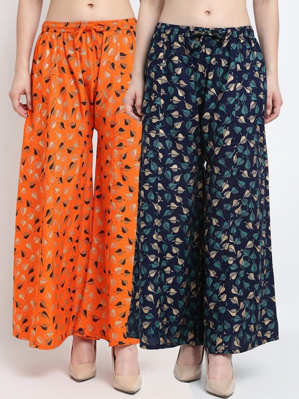 GRACIT Women Orange & Navy Blue Pack of 2 Floral Printed Flared Knitted Palazzos