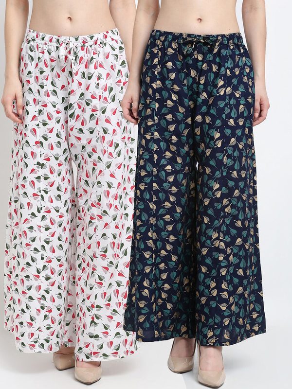 GRACIT Women Pack of 2 White & Navy Blue Printed Flared Palazzos