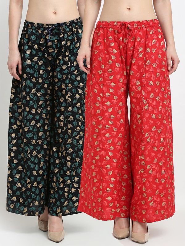 GRACIT Women Pack of 2 Black & Red Printed Flared Palazzos