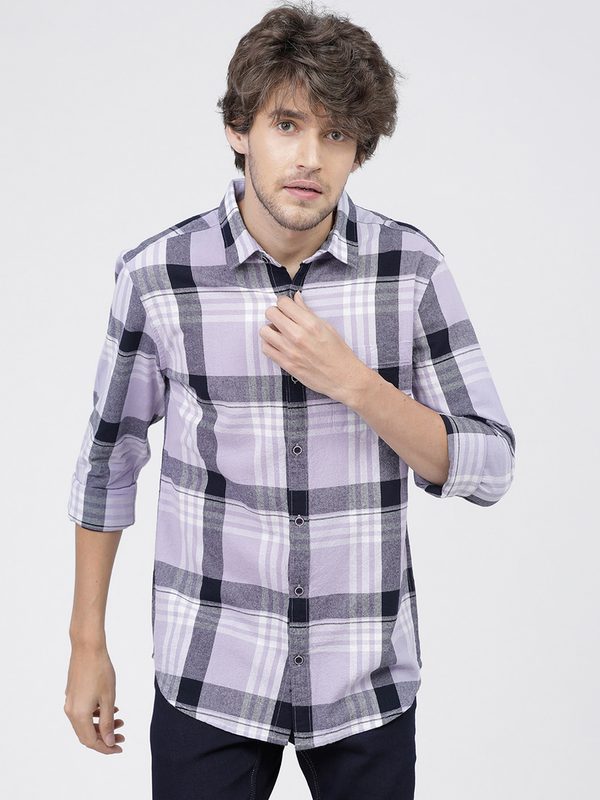 HIGHLANDER Men Lavender Slim Fit Tartan Checks Opaque Checked Casual Shirt