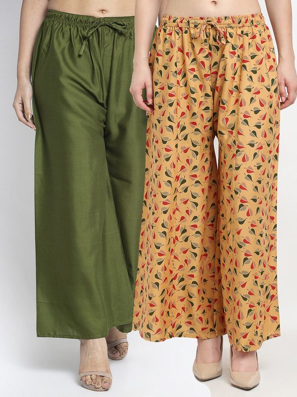 GRACIT Women Set of 2 Green & Mustard Printed Rayon Palazzos