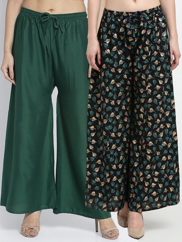 GRACIT Women Green & Black Printed & Plain Pack of 2 Palazzos