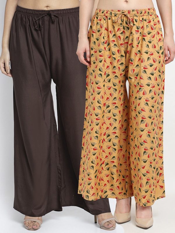 GRACIT Women Brown & Beige Pack of 2 Printed Flared Knitted Ethnic Palazzos
