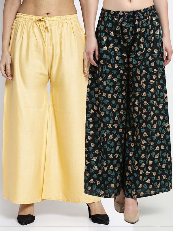 GRACIT Women Set of 2 Beige & Black Printed Rayon Palazzos