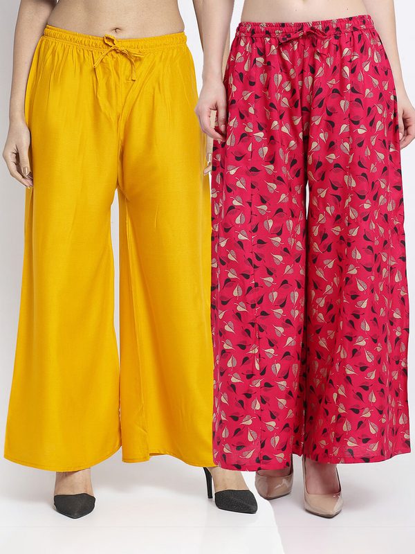 GRACIT Women Pack of 2 Yellow & Pink Floral Printed Flared Palazzos