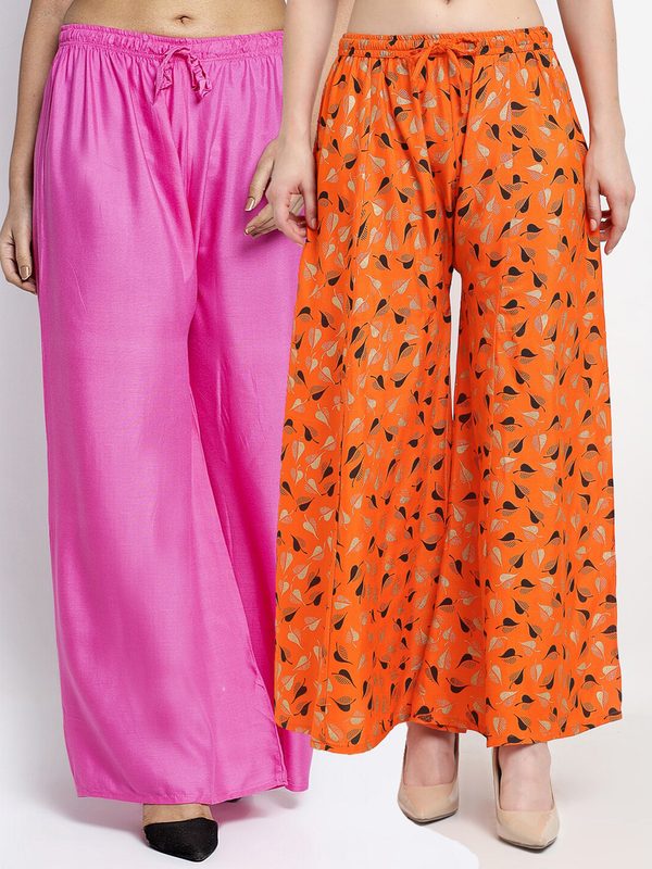 GRACIT Women Pack Of 2 Pink & Orange Printed Flared Knitted Ethnic Palazzos