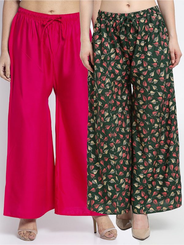 GRACIT Women Pack of 2 Pink & Green Floral Printed Flared Palazzos