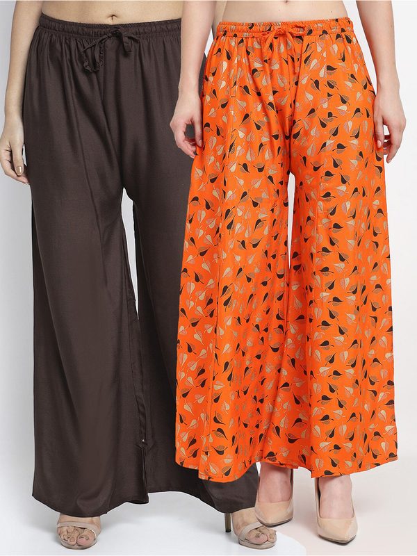 GRACIT Women Set of 2 Brown & Orange Printed Rayon Palazzos