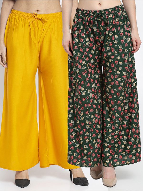 GRACIT Women Pack Of 2 Yellow & Green Printed Flared Palazzos