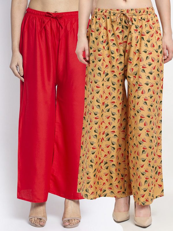 GRACIT Women Pack of 2 Red & Mustard Yellow 2 Floral Printed Flared Palazzos