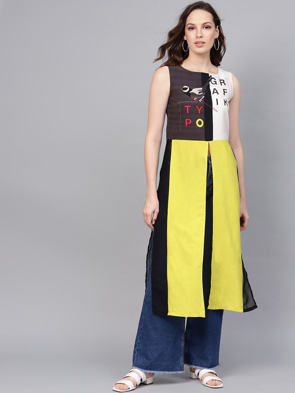 W Women Lime Green Printed High Slit Maxi Top