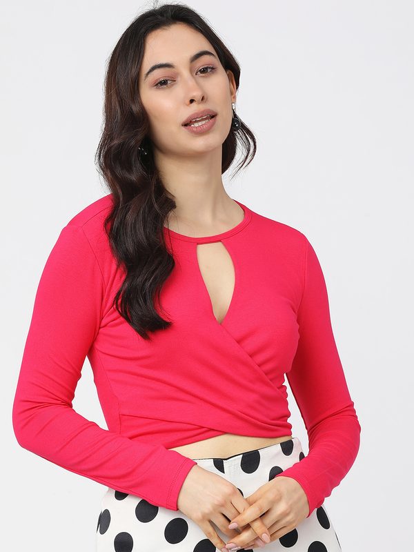 Tokyo Talkies Pink Keyhole Neck Wrap Crop Top