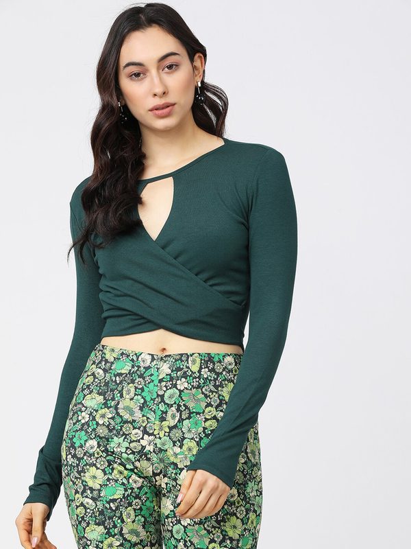 Tokyo Talkies Green Keyhole Neck Wrap Crop Top