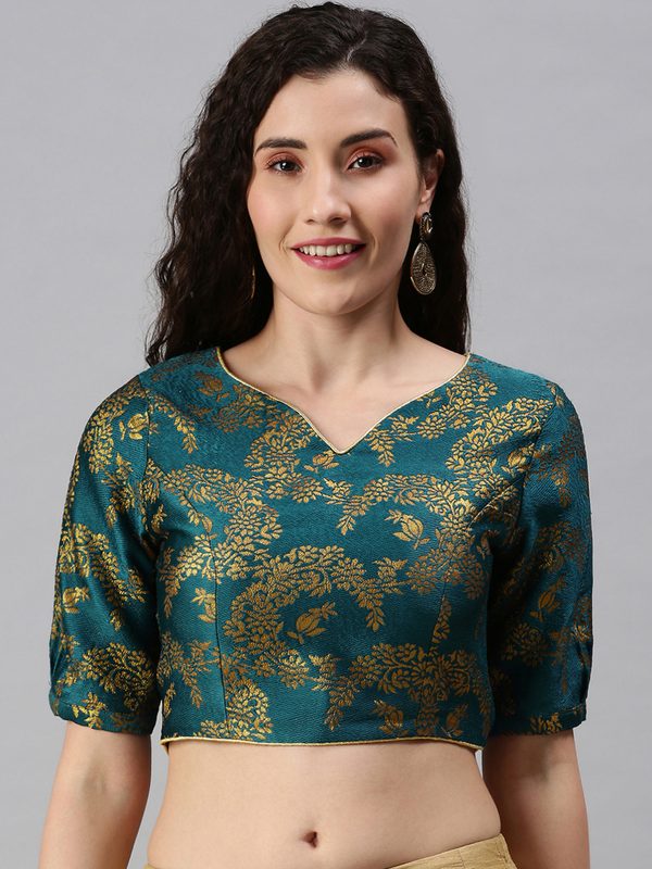 flaher Women Teal & Golden Woven Saree Blouse