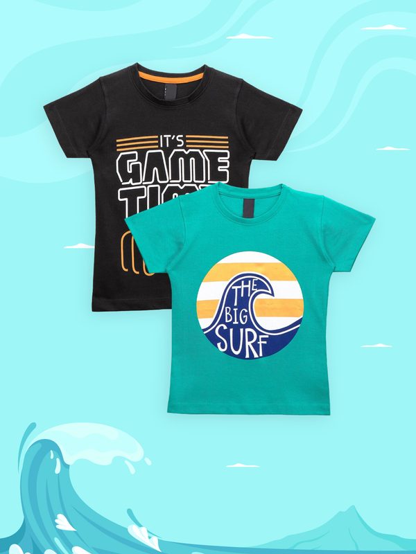 LilPicks Boys Black & Sea Green Pack of 2 Printed T-shirt